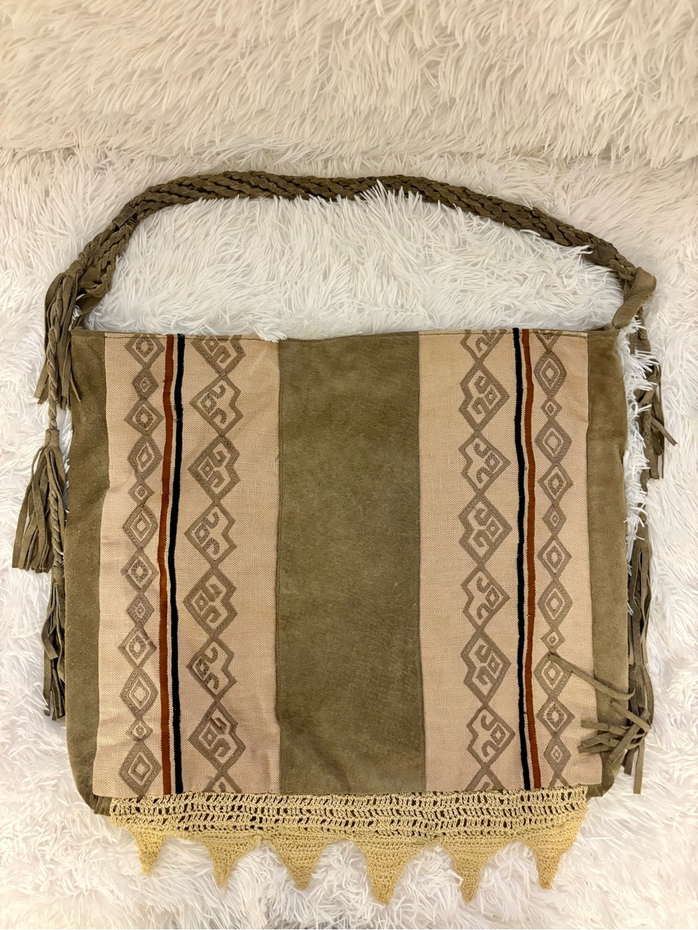 Vintage Free People Boho Fringe Olive Suede Leather and Beige Woven Shoulder Bag